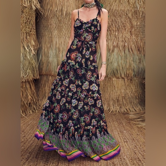 Alexis Lussa Black and Pink Tiered Ruffled Maxi Dress SZ XS - Picture 2 of 7